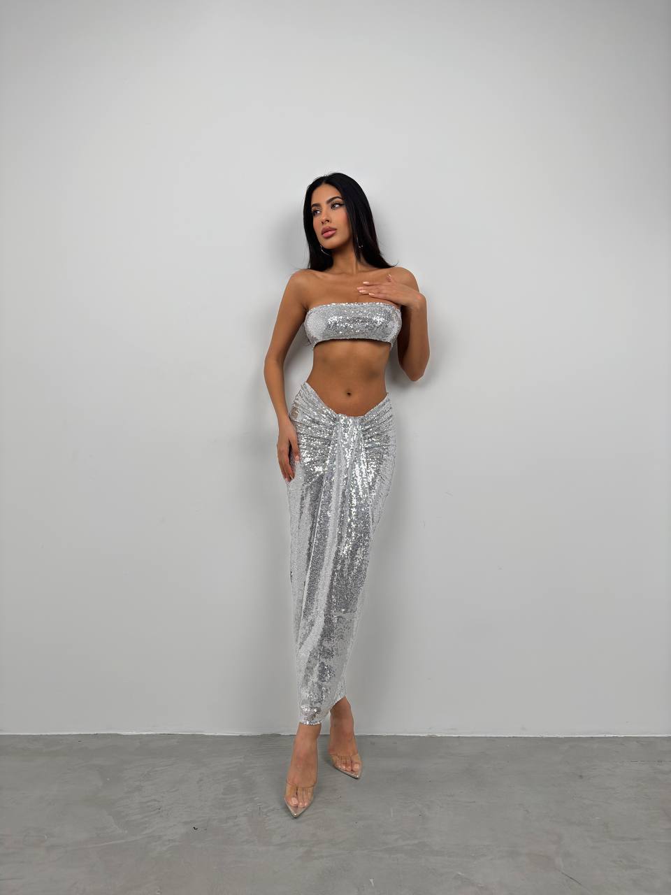 SEQUINED SKIRT WITH STRAPLESS TOP-SET