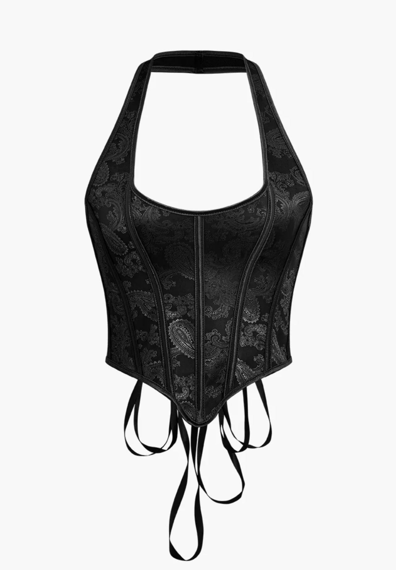 JACQUARD EYELET TIE HALTER CORSET TOP