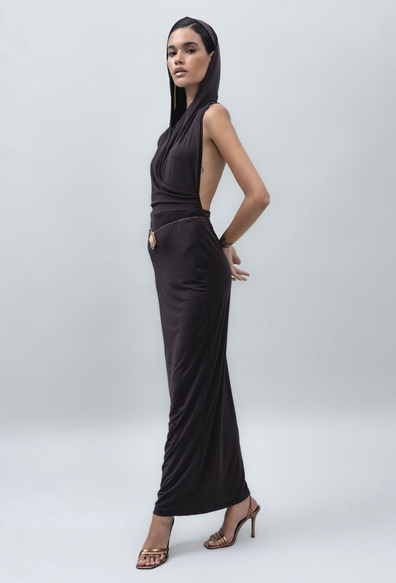 ASYMMETRIC HOODED MAXI DRESS