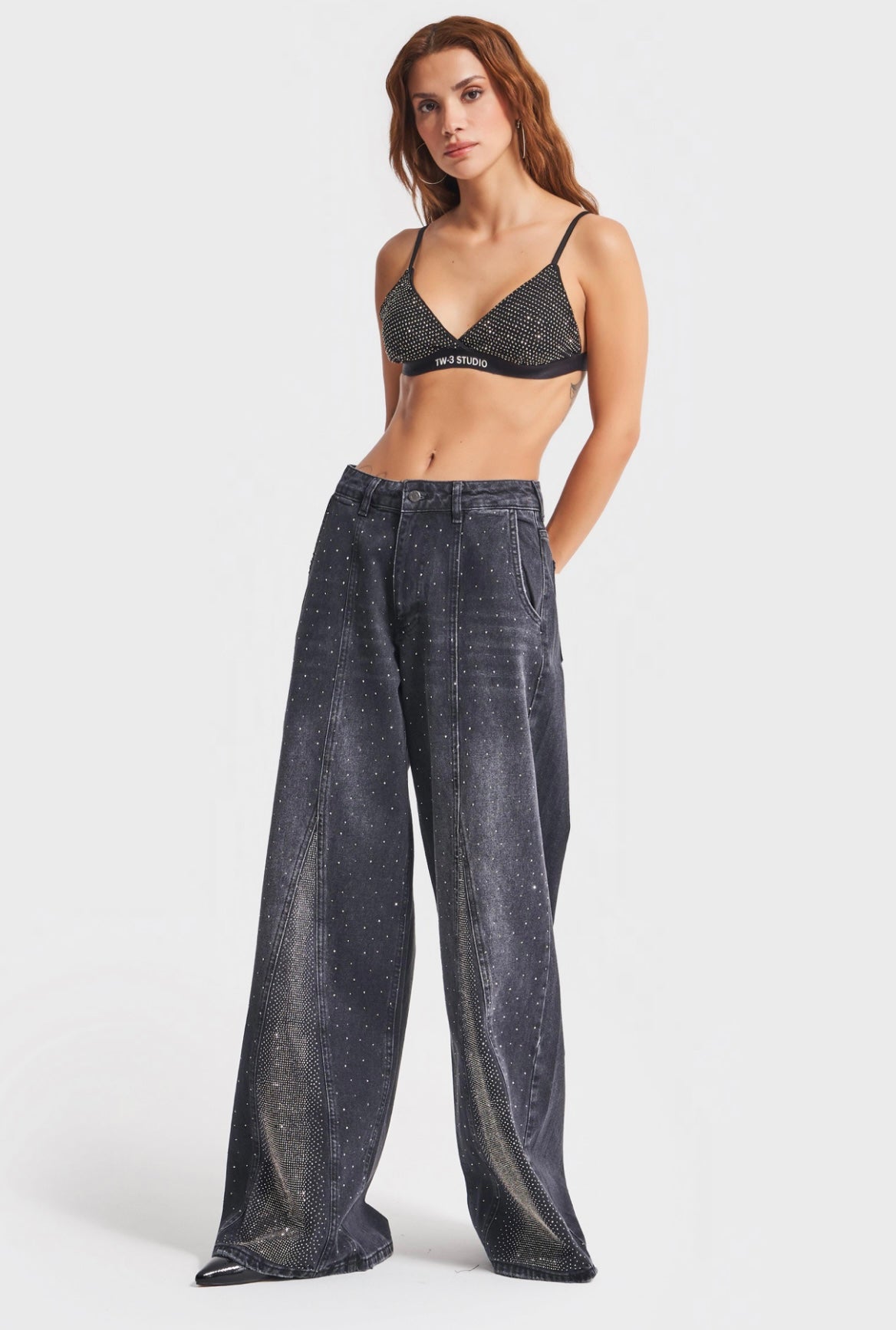 LOW-RISE BAGGY BALLOON JEANS WITH RHINESTONES