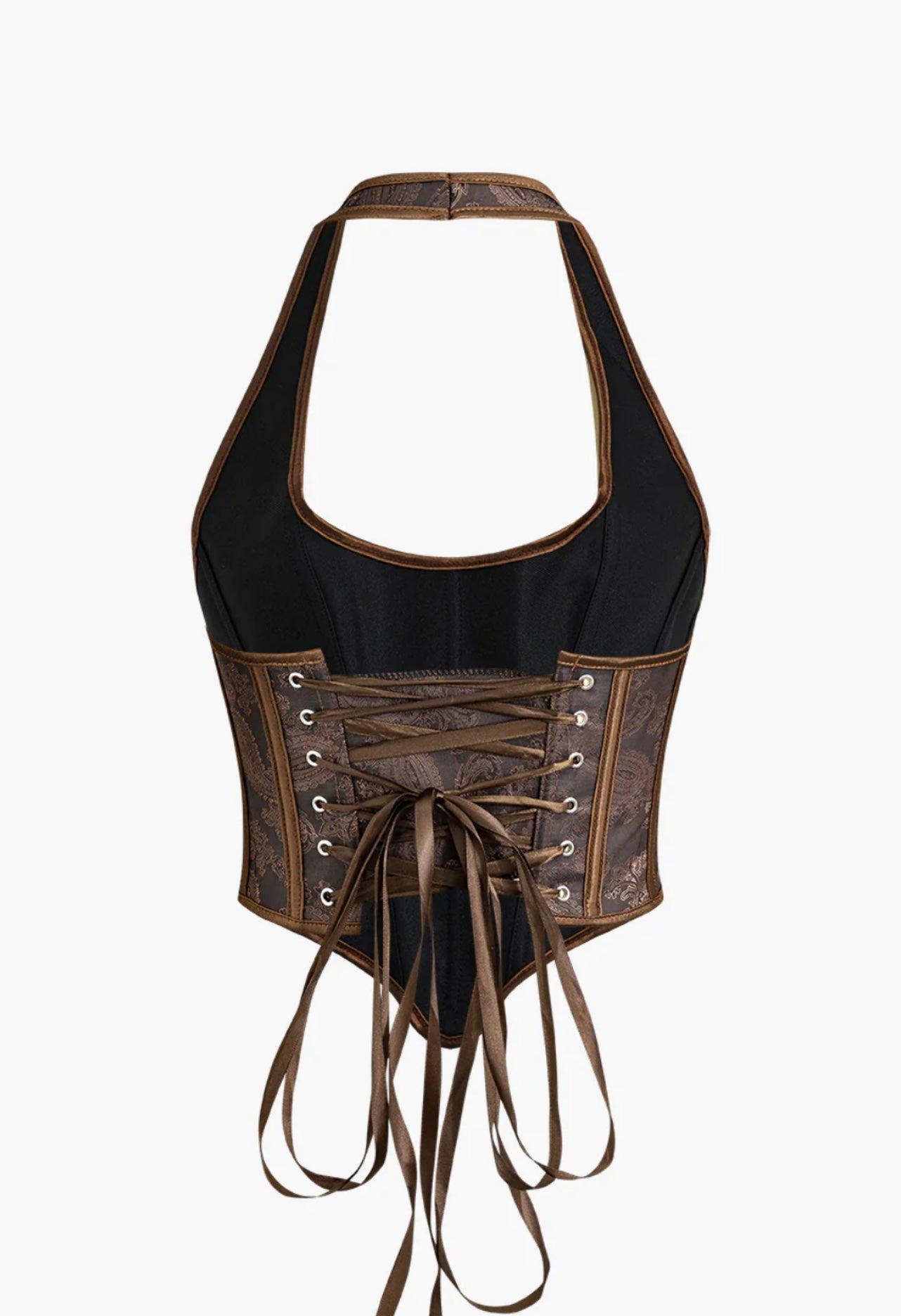 JACQUARD EYELET TIE HALTER CORSET TOP