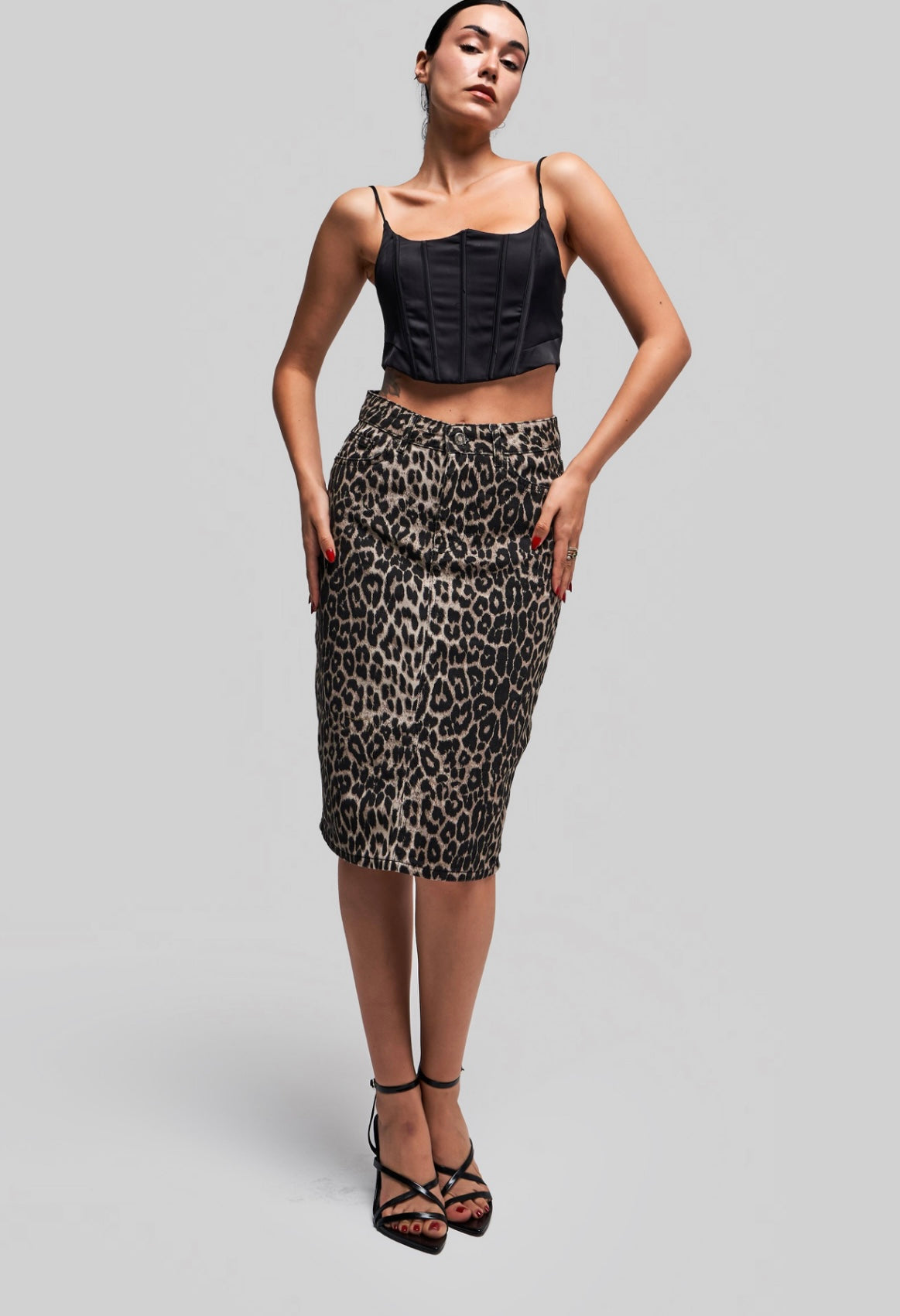 LEOPARD PRINT DENIM MIDI SKIRT