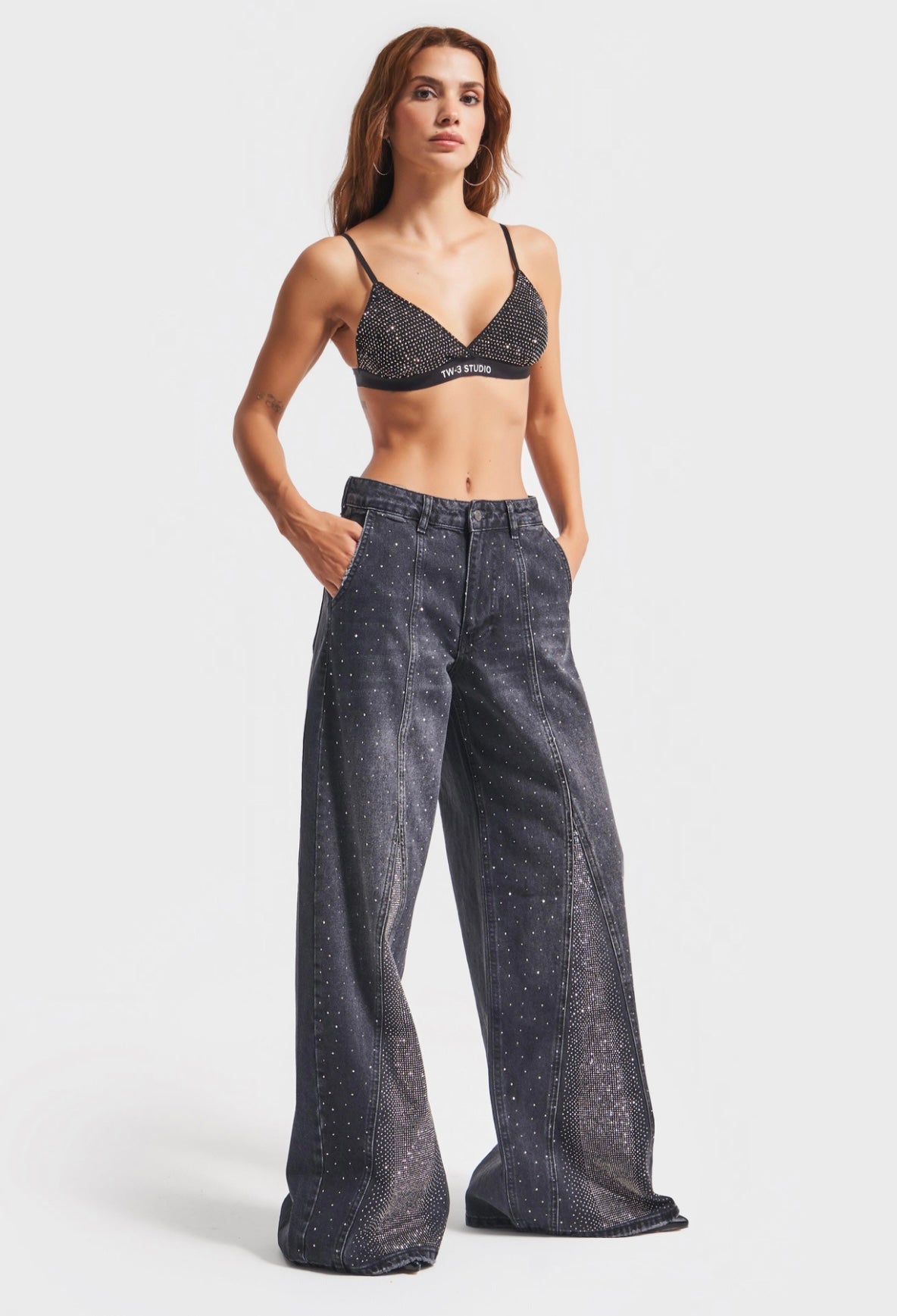 LOW-RISE BAGGY BALLOON JEANS WITH RHINESTONES