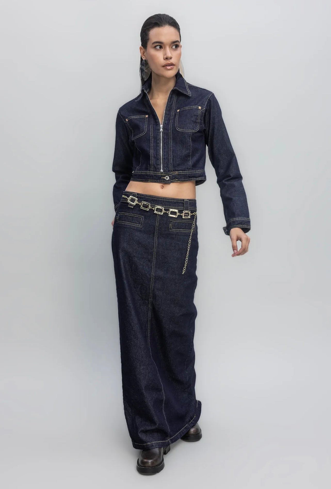 DETAILED STITCHING MAXI DENIM SKIRT