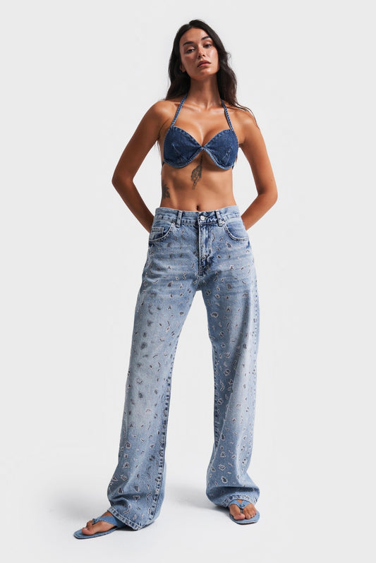 HIGH-WAIST STRAIGHT FIT DENIM WITH RHINESTONES CD17