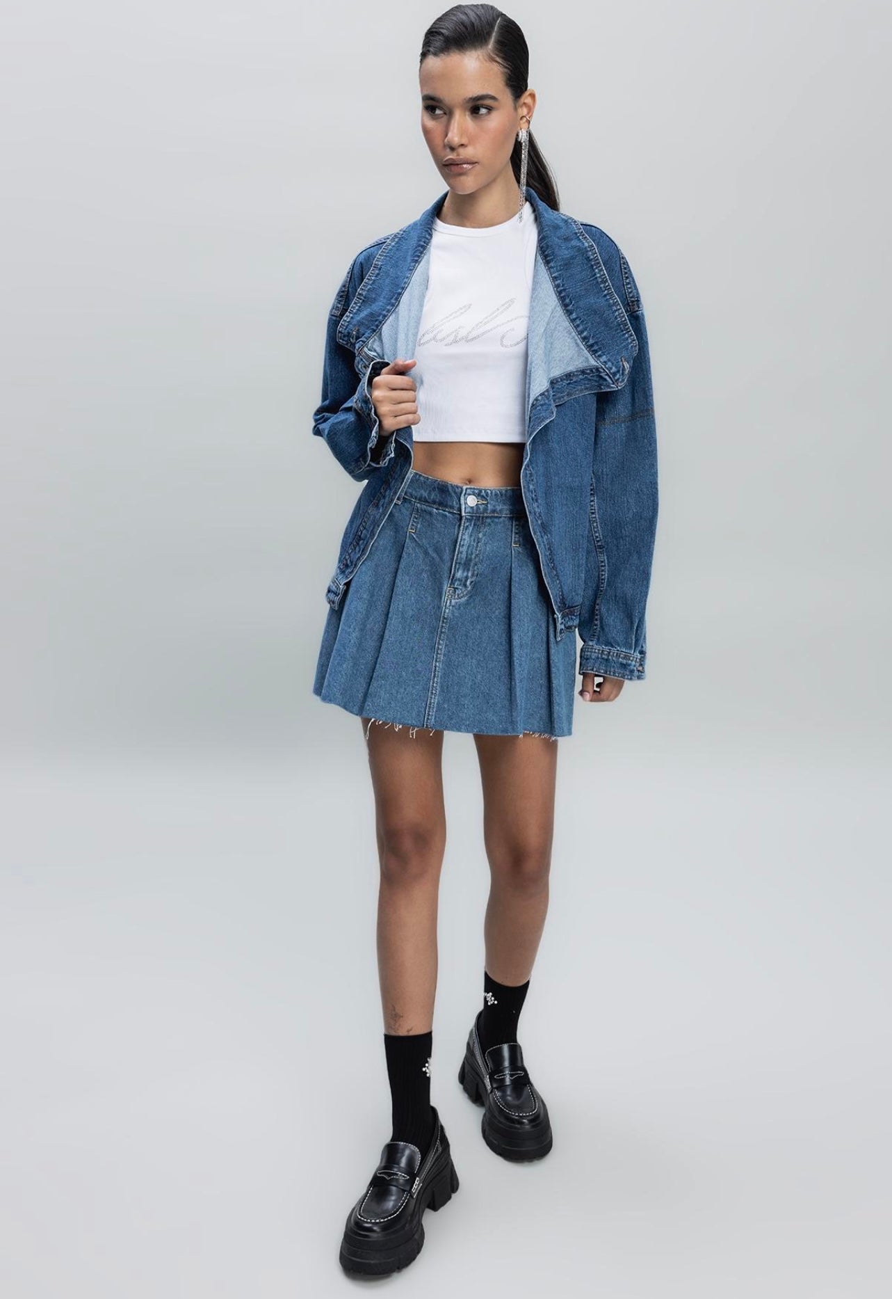 BOX PLEATS DENIM MINI SKIRT