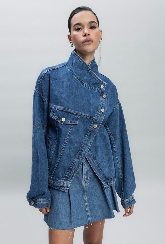 ASYMMETRIC CUT-OUT DETAILED DENIM JACKET