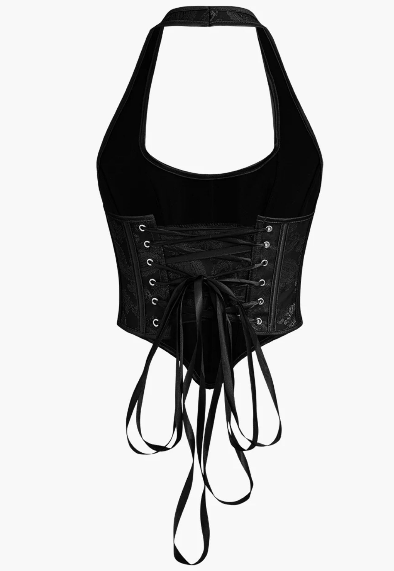 JACQUARD EYELET TIE HALTER CORSET TOP