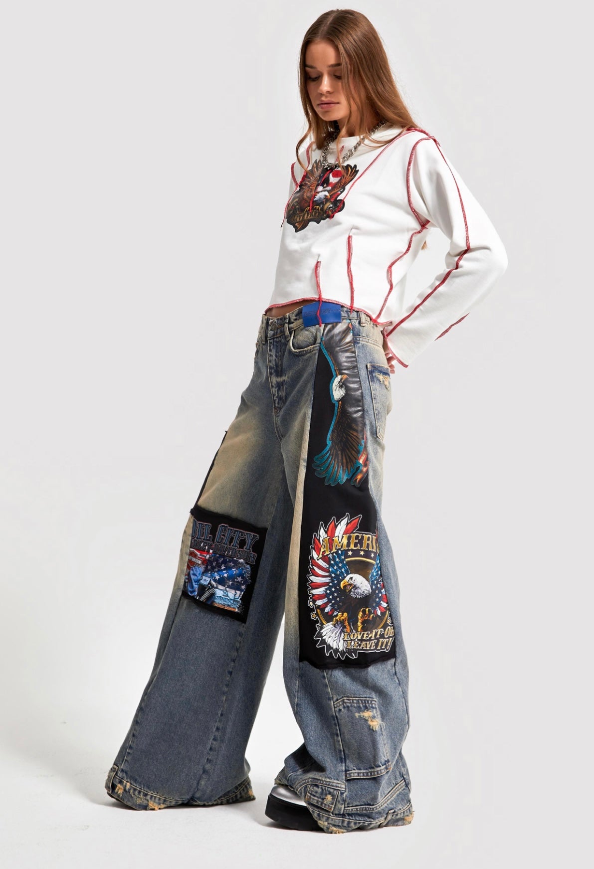 LOOSE WIDE LEG PRINT DESIGN DENIM CD7012