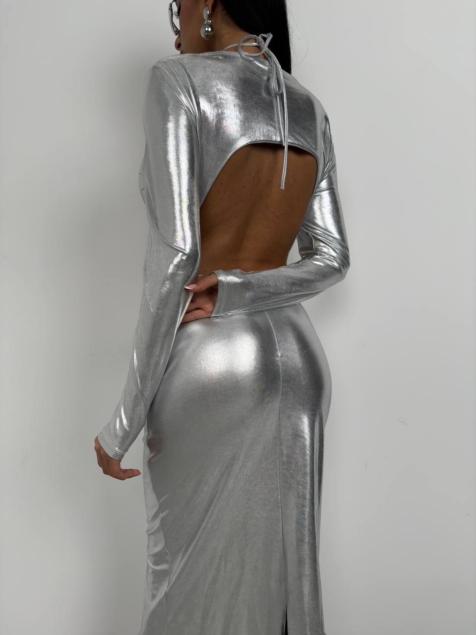 ASYMMETRIC METALLIC OPEN BACK DRESS