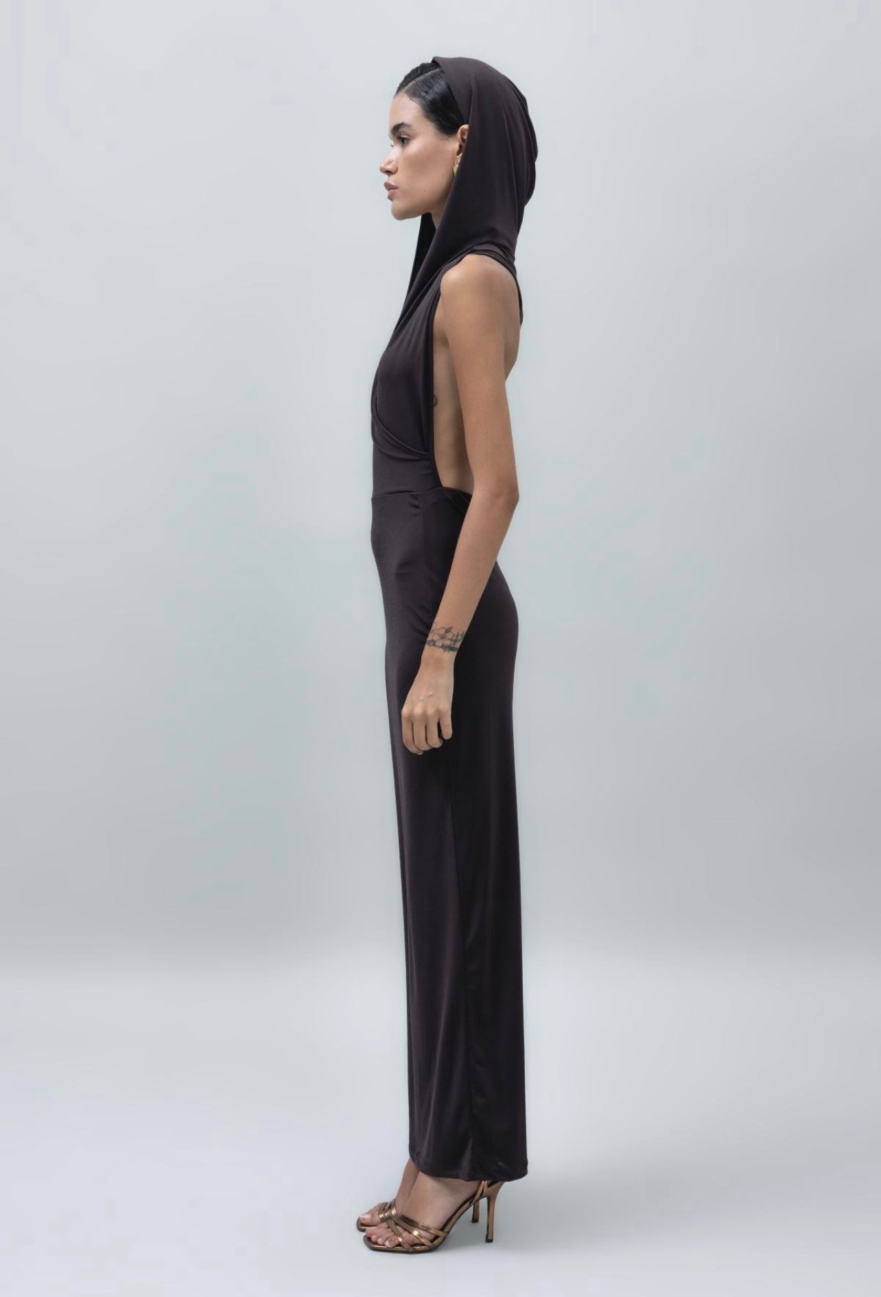 ASYMMETRIC HOODED MAXI DRESS