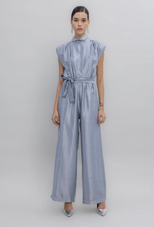 HIGH COLLAR SHORT-SLEEVE JUMPSUIT