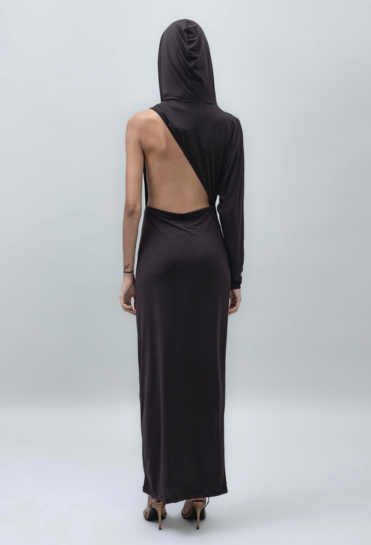 ASYMMETRIC HOODED MAXI DRESS