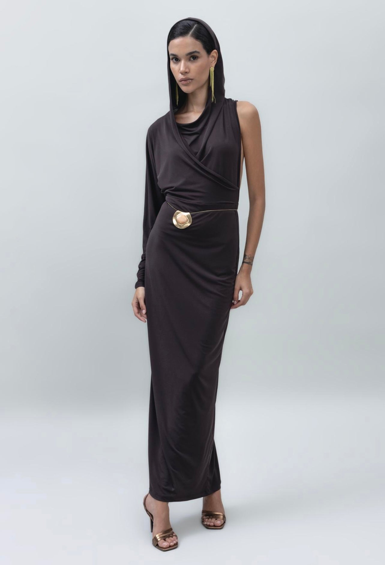 ASYMMETRIC HOODED MAXI DRESS