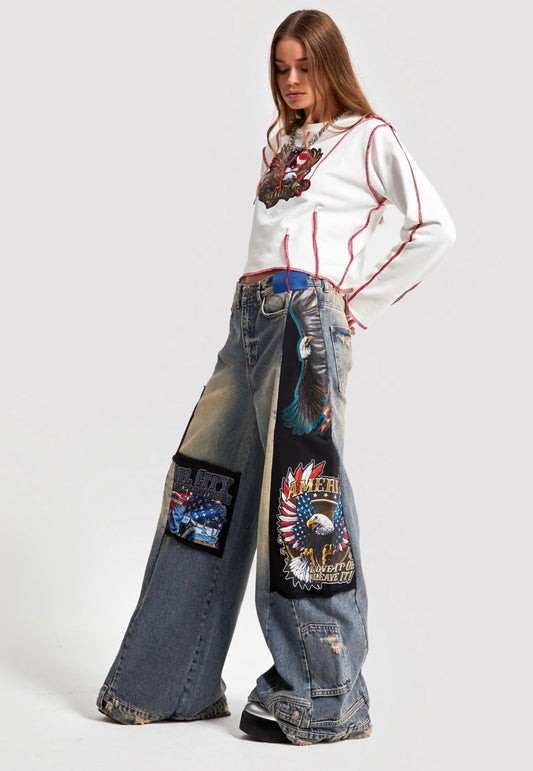 LOOSE WIDE LEG PRINT DESIGN DENIM CD7012