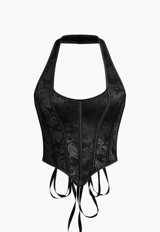 JACQUARD EYELET TIE HALTER CORSET TOP