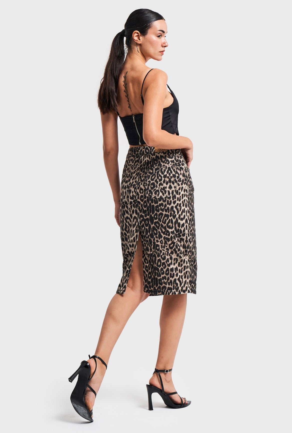 LEOPARD PRINT DENIM MIDI SKIRT