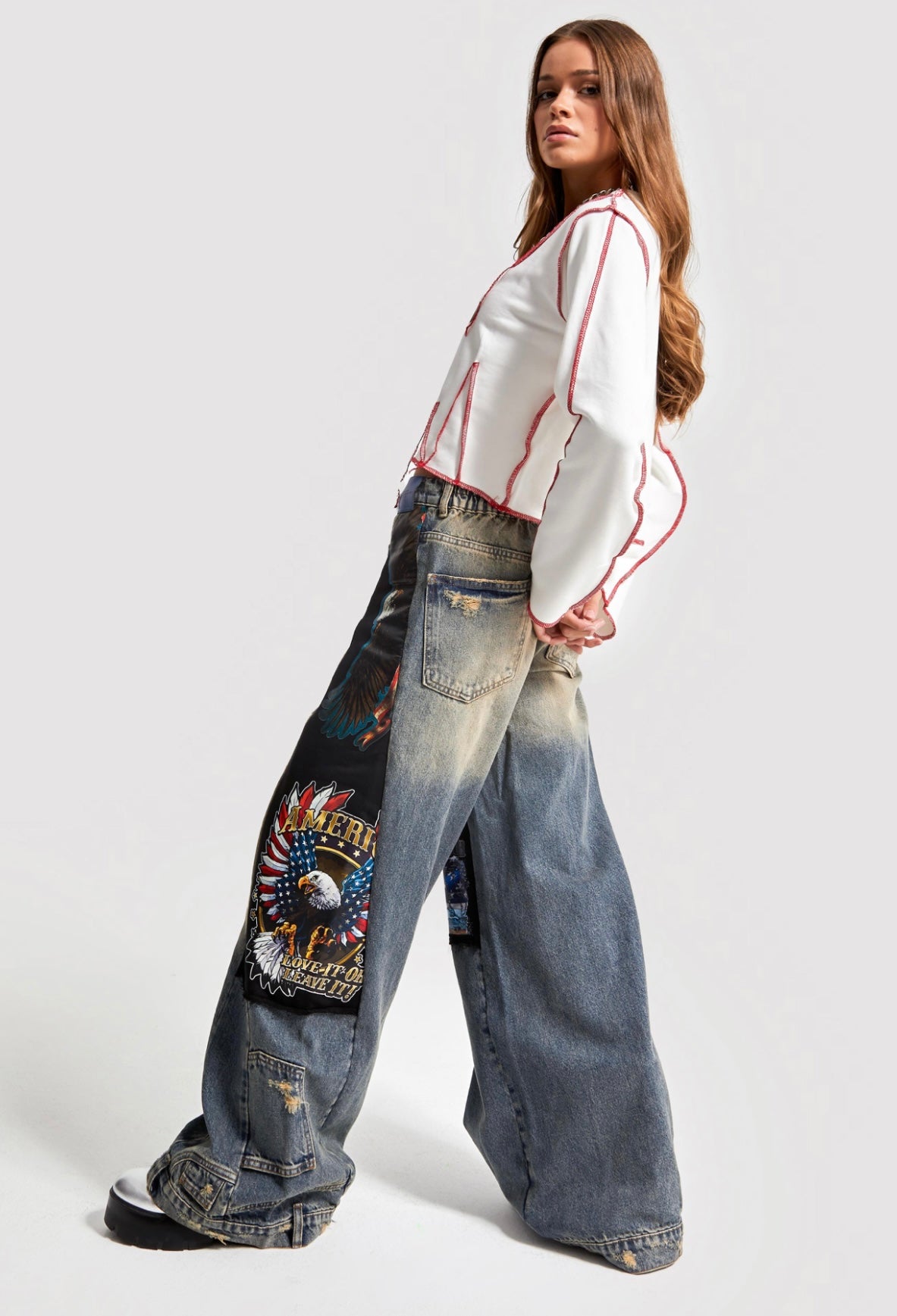 LOOSE WIDE LEG PRINT DESIGN DENIM CD7012