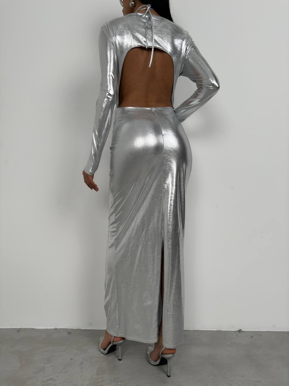 ASYMMETRIC METALLIC OPEN BACK DRESS