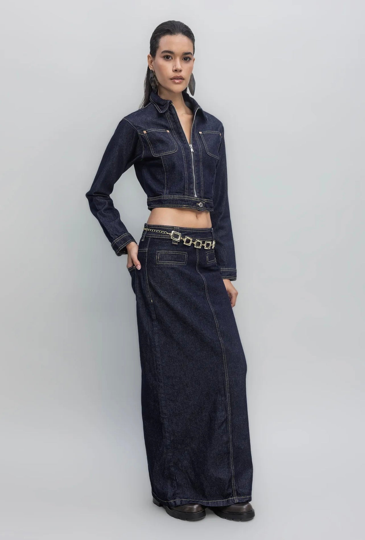 DETAILED STITCHING MAXI DENIM SKIRT