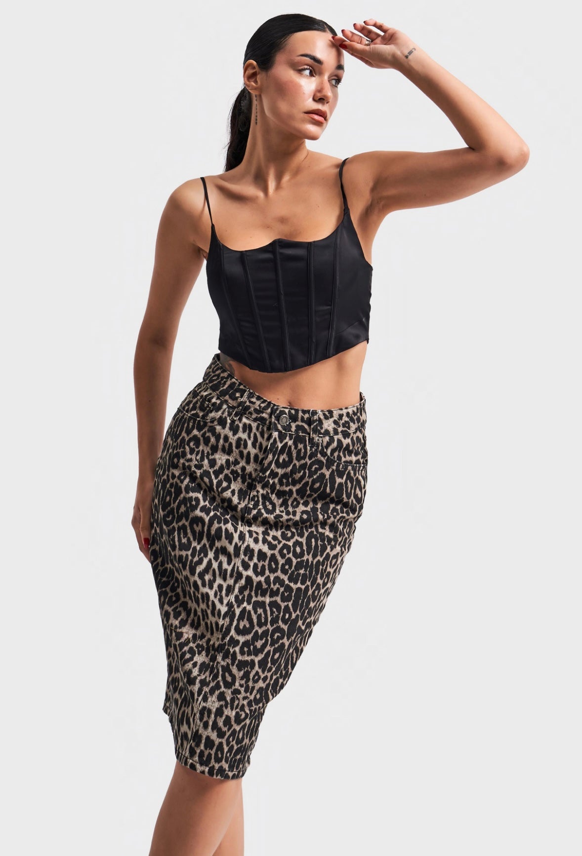 LEOPARD PRINT DENIM MIDI SKIRT